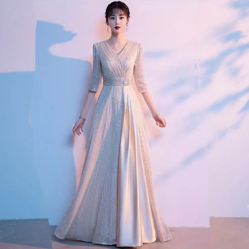 七分袖2025生旦歌唱礼服拉链长裙仙气连衣裙学生优雅合唱团主持人