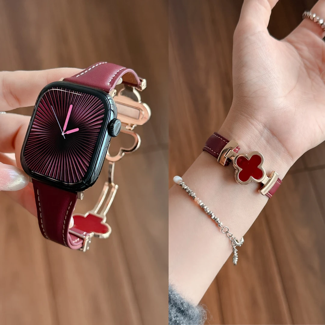 适用苹果手表S11表带iwatch S10四叶草磁吸扣真皮S9轻奢SE腕带女