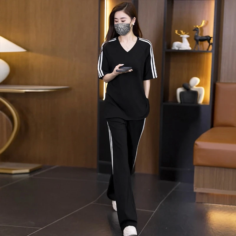 时尚两件套女大码宽松女装休闲运动服2025年夏季新款短袖气质套装