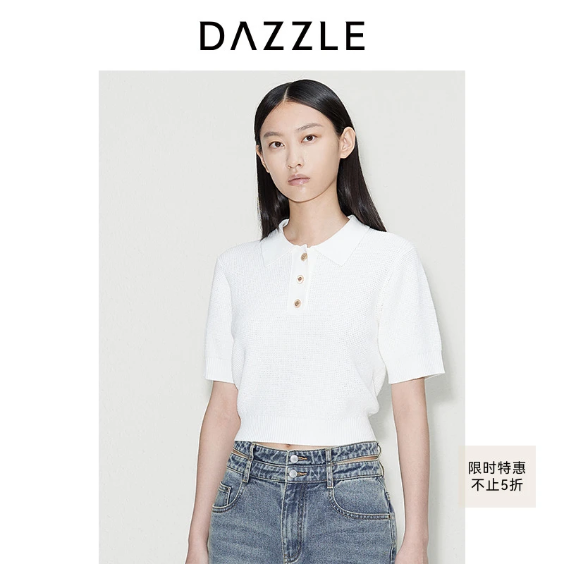 DAZZLE地素 毛衣针织衫24早秋镂空翻领套衫短袖上衣2I3E302