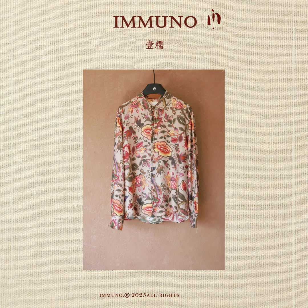 IMMUNO 壹糯安托万风格设计师新款时尚真丝复古印花翻领薄款衬衫