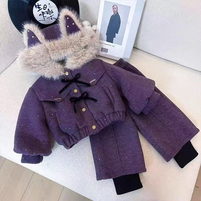 女童加绒套装冬季2025新款儿童可爱甜美冬装女孩阔腿裤两件套洋气