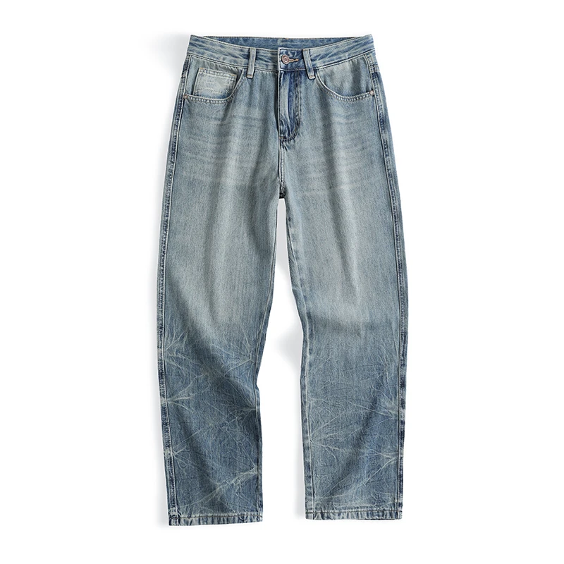 2025夏秋新款美式高街复古水洗男款直筒宽松阔腿牛仔裤蓝色宽松