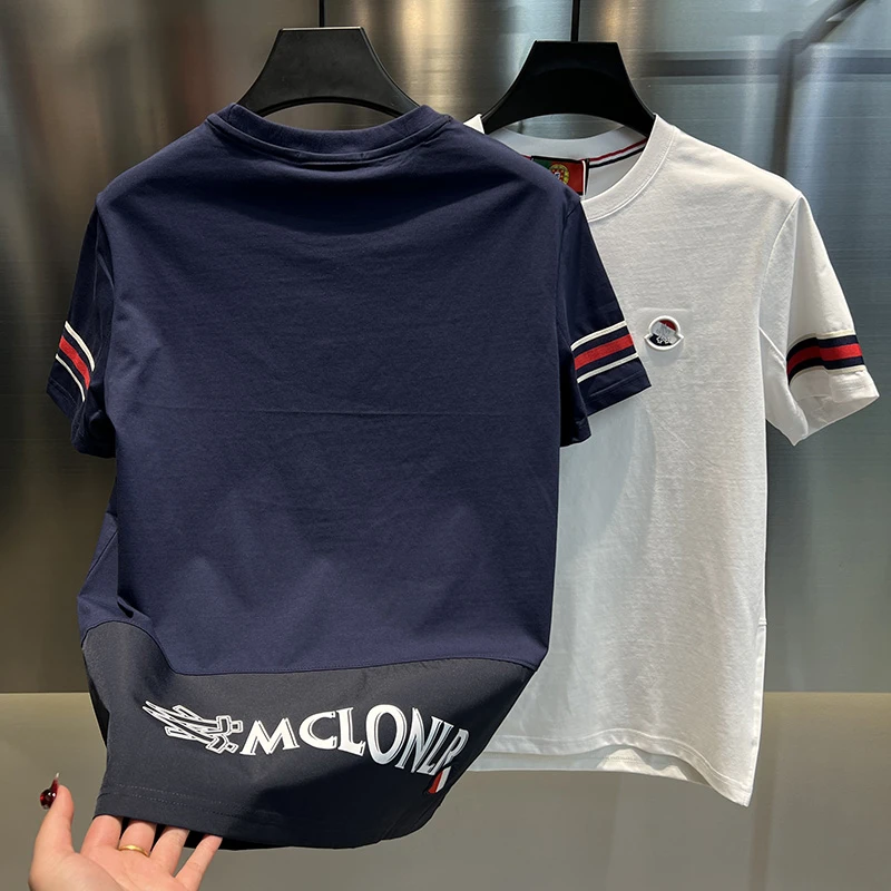2025年春夏新款男士百搭半袖拼接高品质潮流圆领字母休闲男装短袖