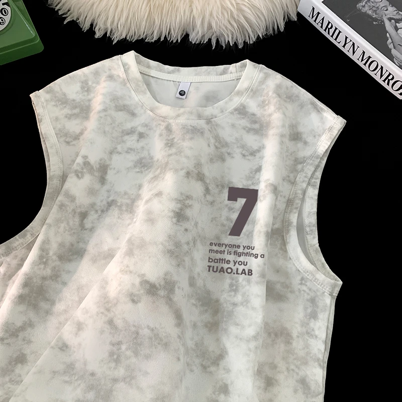 重磅扎染印花圆领背心男士夏季美式复古青少年设计感休闲宽松上衣