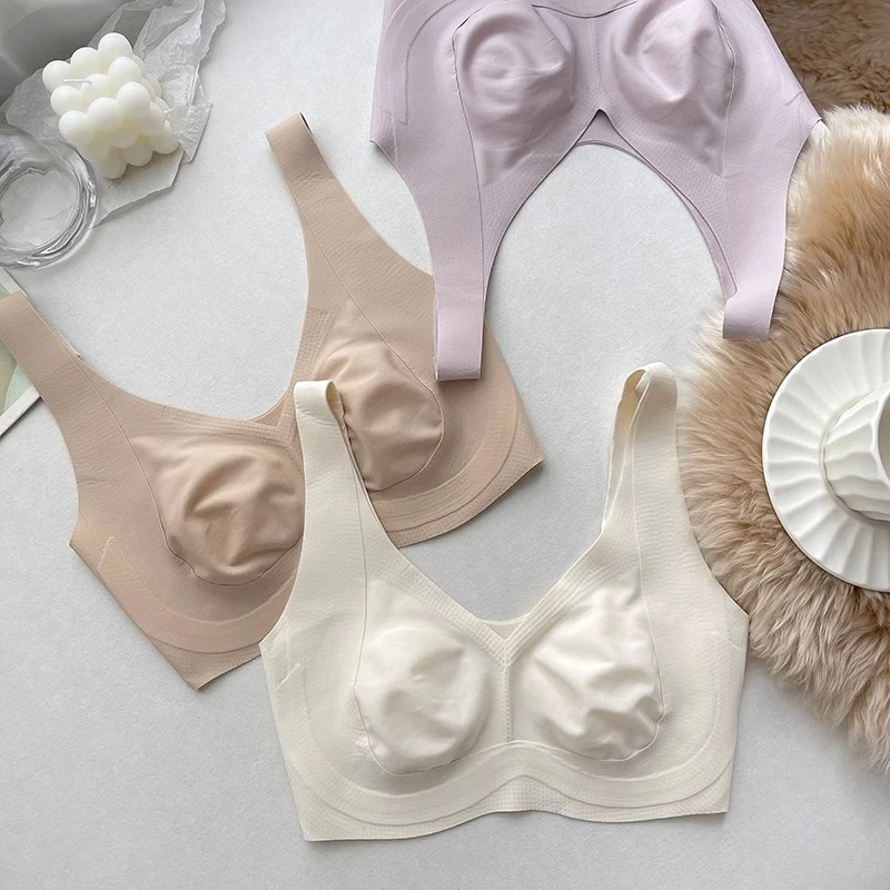 升级W形提拉防下垂超薄背心式大胸显小内衣女无钢圈宽肩带文胸罩