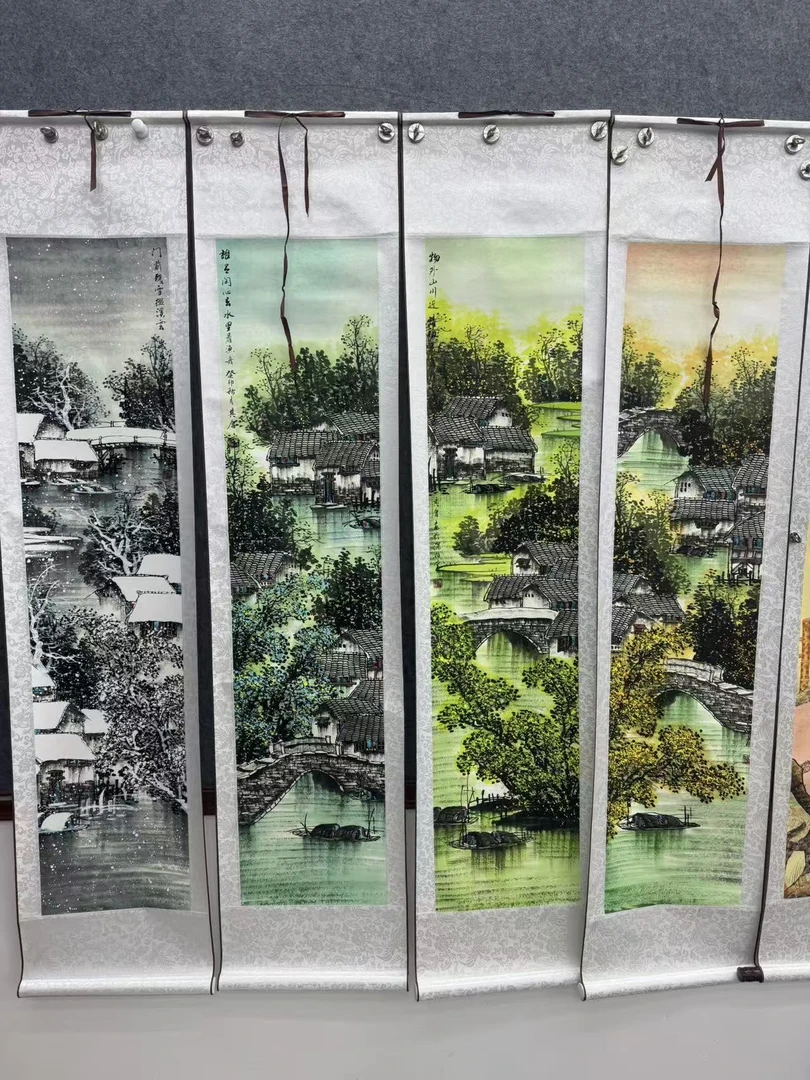 《江南水乡》四条屏客厅书房茶室国风山水画挂画纯手工装裱