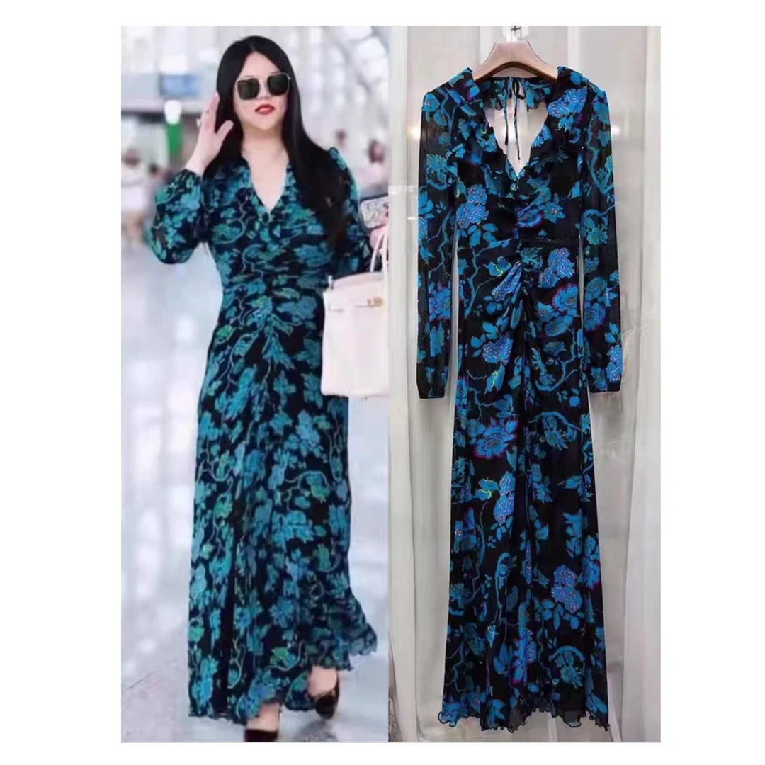 【李湘同款】法式复古印花收腰气质长袖v领弹力连衣裙