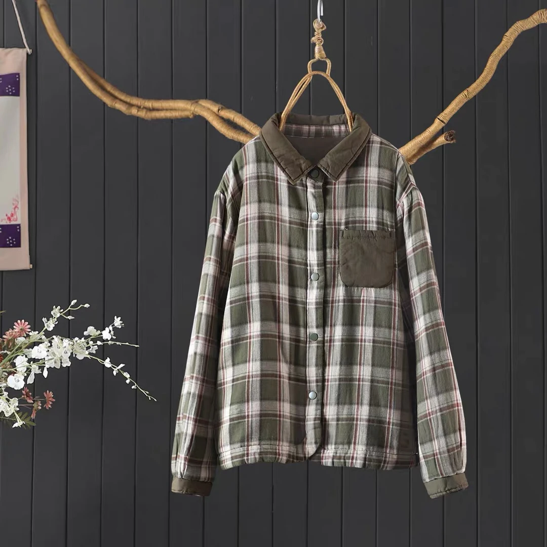 冬季宽松文艺格子款夹棉加厚翻领100%棉衬衫棉衣女正反两面穿棉服
