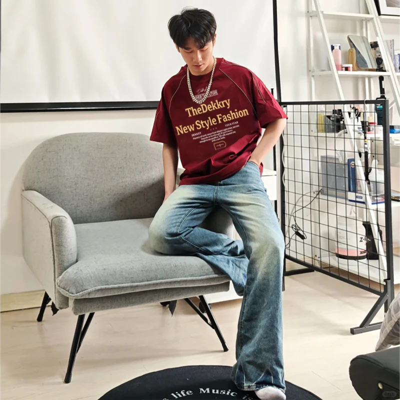 labzaa美式ins潮牌复古字母印花拼接短袖T恤男女夏季休闲纯棉上衣