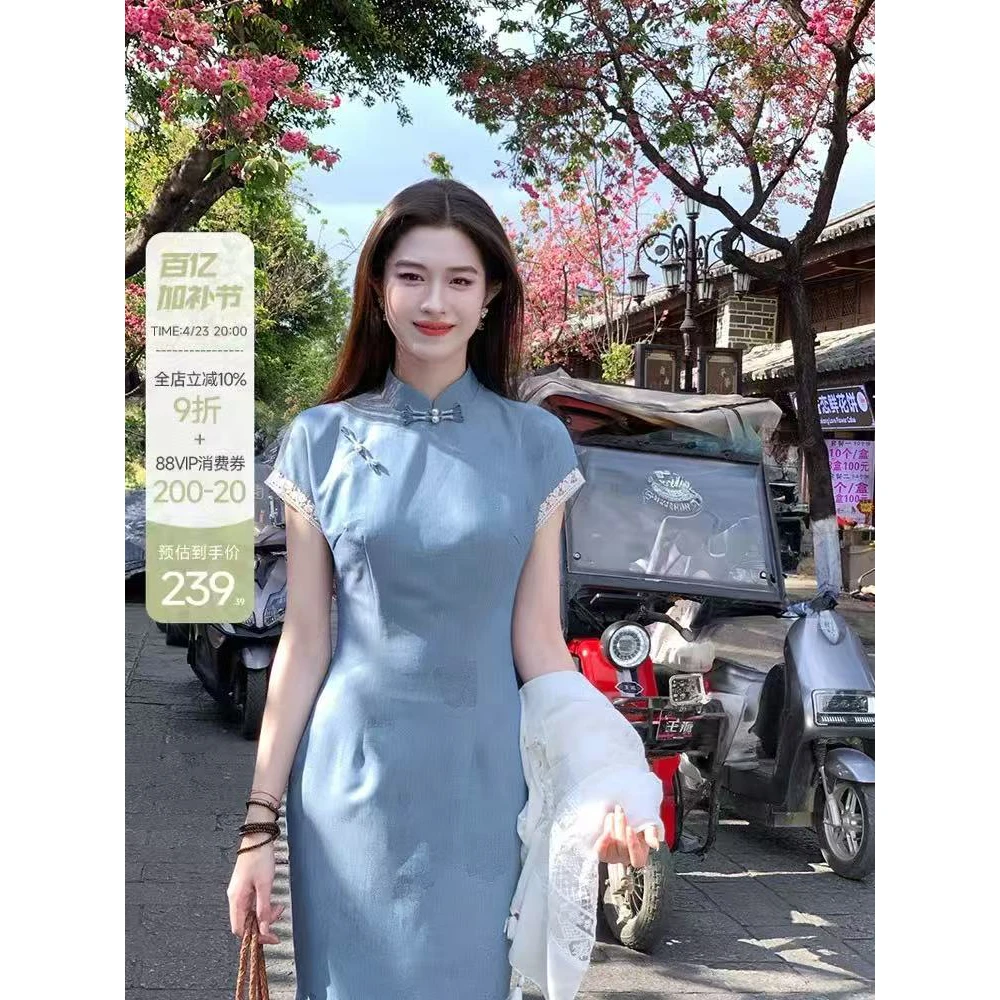 新中式暗纹烫金改良旗袍女春夏蕾丝拼接连衣裙