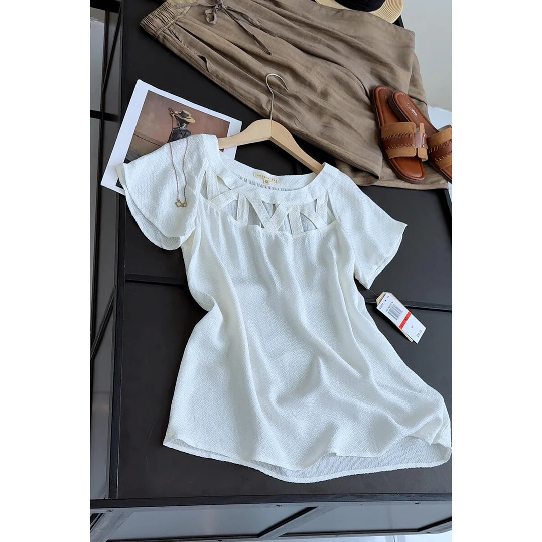 韩版时尚立体镂空圆领宽松休闲T恤法式名媛设计感短袖提花上衣女