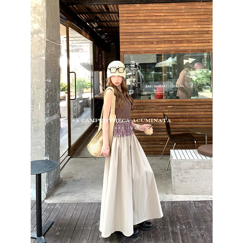 LUU桃喜儿/无袖拼接连衣裙女夏设计感小众背心裙长款不规则裙子