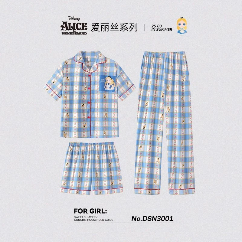宫蝶【凉感型】迪士尼爱丽丝睡衣女三件套夏季短袖长裤卡通家居服