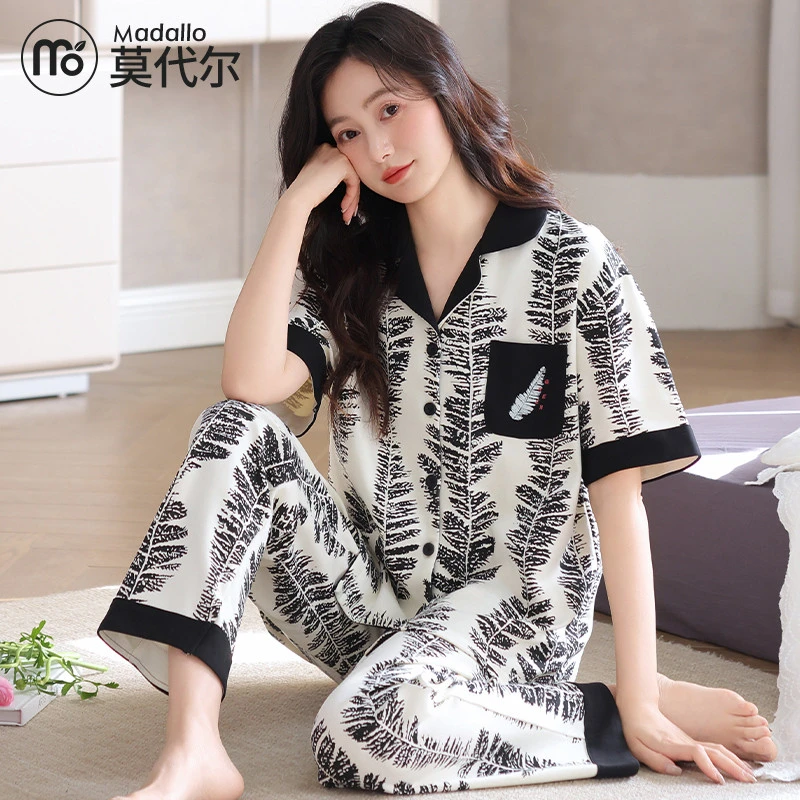 莫代尔睡衣女士夏季纯棉翻领短袖长裤宽松休闲全棉开衫夏天两件套