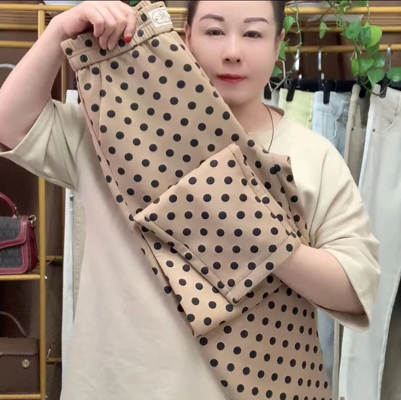 6200春夏波点宽松显瘦萝卜裤高腰百搭休闲九分裤遮肉显瘦弹力女裤