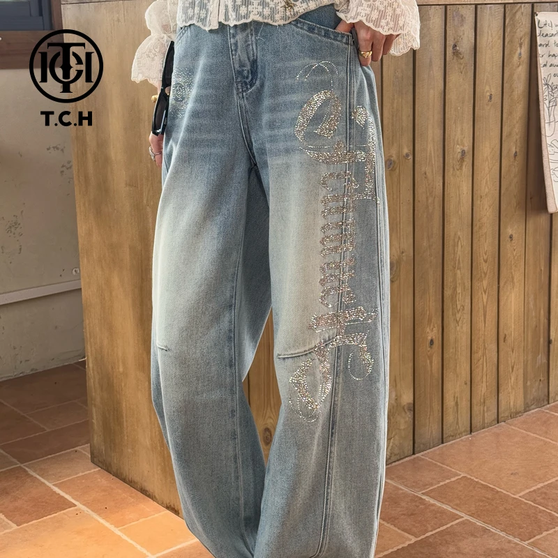 TCH私服烫钻银色字母弯刀裤子洋气轻奢牛仔裤女T72C20E5103A