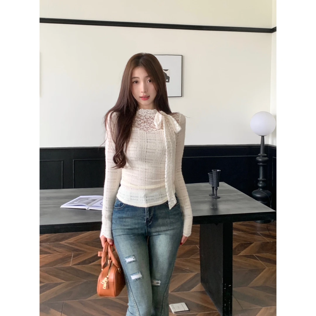 秋冬新款法式气质修身蕾丝T恤纯欲蝴蝶结飘带设计感上衣Y968