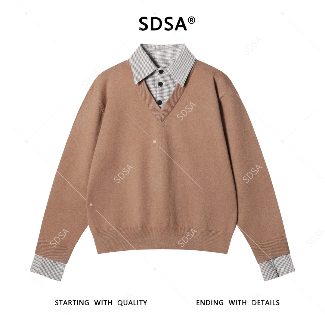 SDSA秋冬新款痞帅男装美式格子polo领假两件毛衣休闲百搭针织衫