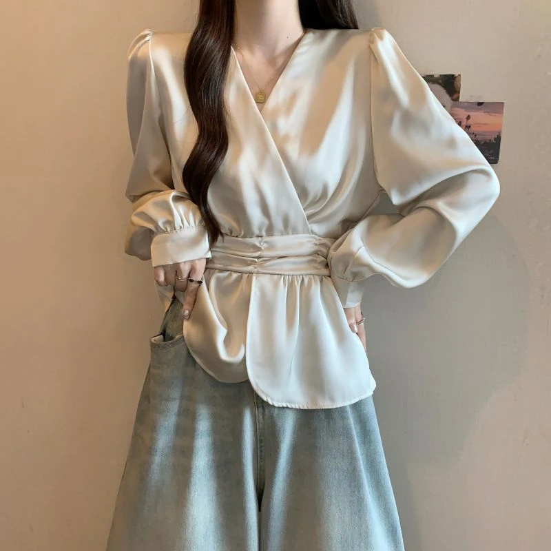 实拍~ 大码胖MM2025春季新款缎面醋酸V领收腰长袖套头上衣
