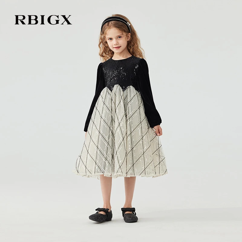 RBIGX瑞比克童装2025冬季新款女童拼接礼服珠片设计感礼服连衣裙