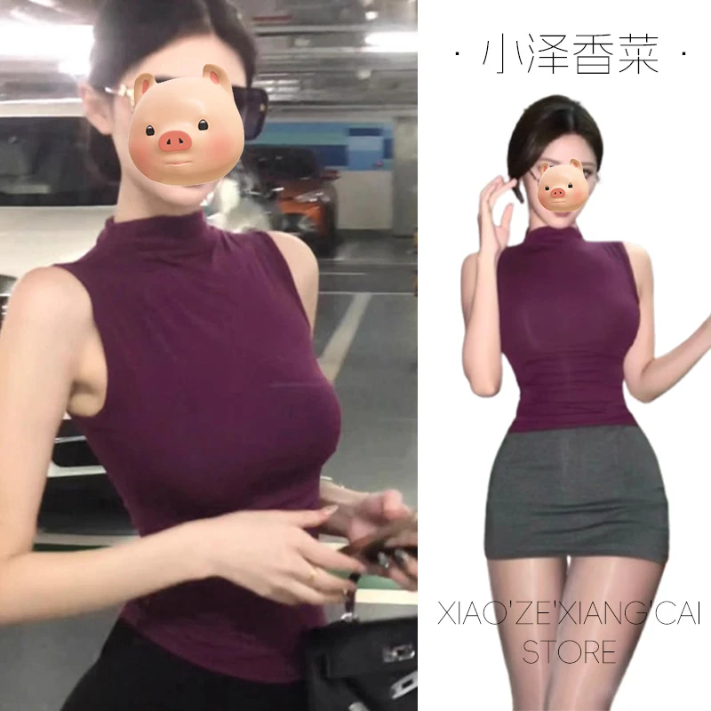 法式半高领紫色背心女夏季外穿2025新款爆款修身辣妹短款无袖上衣
