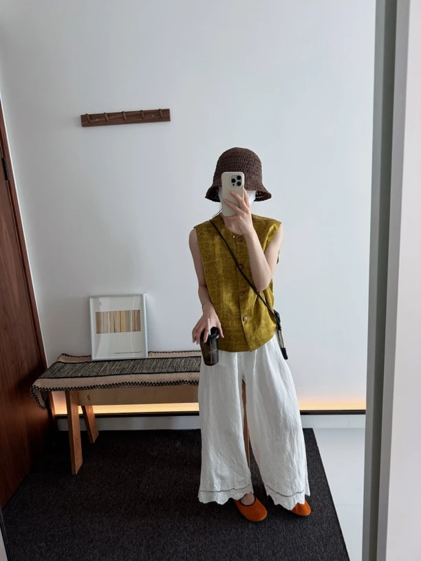 炫色裤脚刺绣阔腿宽松亚麻松紧腰裤