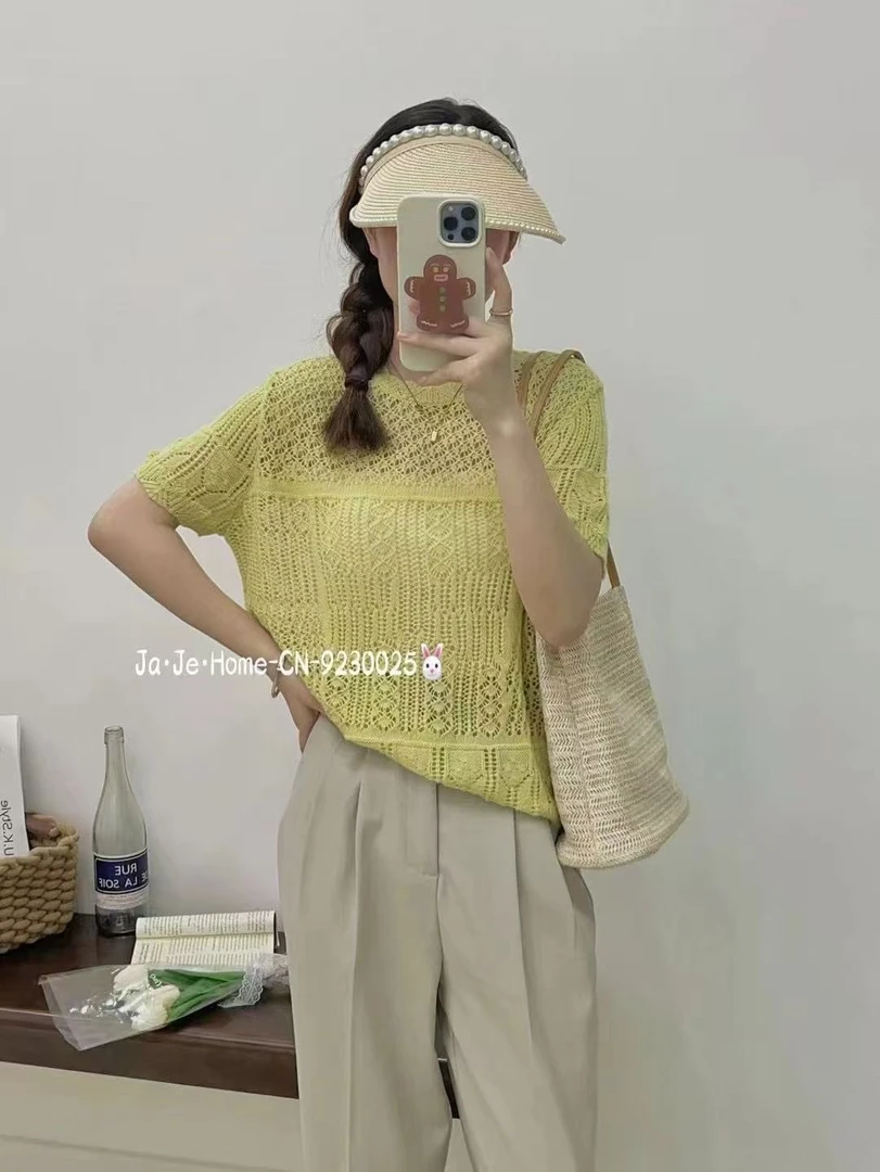 夏季新款韩版宽松显瘦镂空针织衫女设计感小众短袖上衣0025