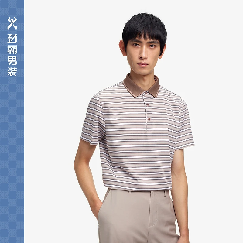 【6A进口桑蚕丝】劲霸男装布列塔尼条纹翻领高档桑蚕丝T恤|HTKE2531