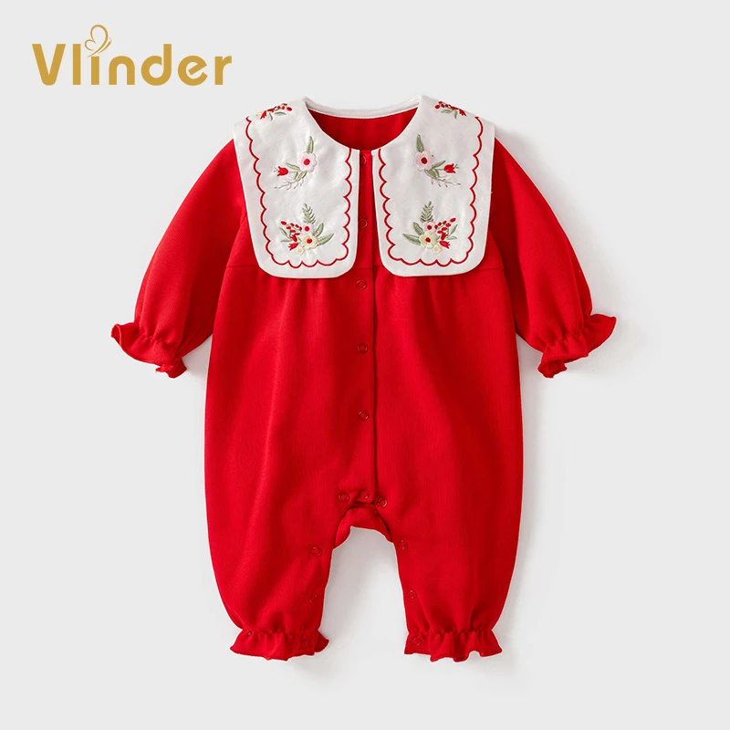 婴儿连体衣春季红色爬服女宝宝哈衣新生儿满月衣服百天周岁礼服