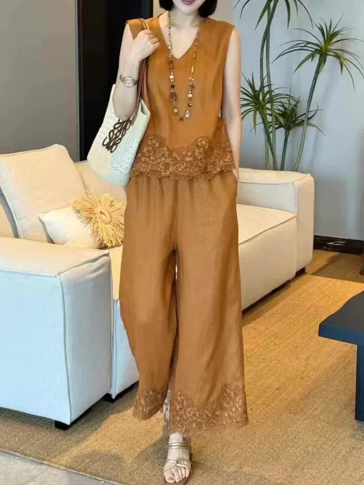 高级感V领蕾丝镂空拼接亚麻上衣阔腿裤两件套女夏季时尚新款套装