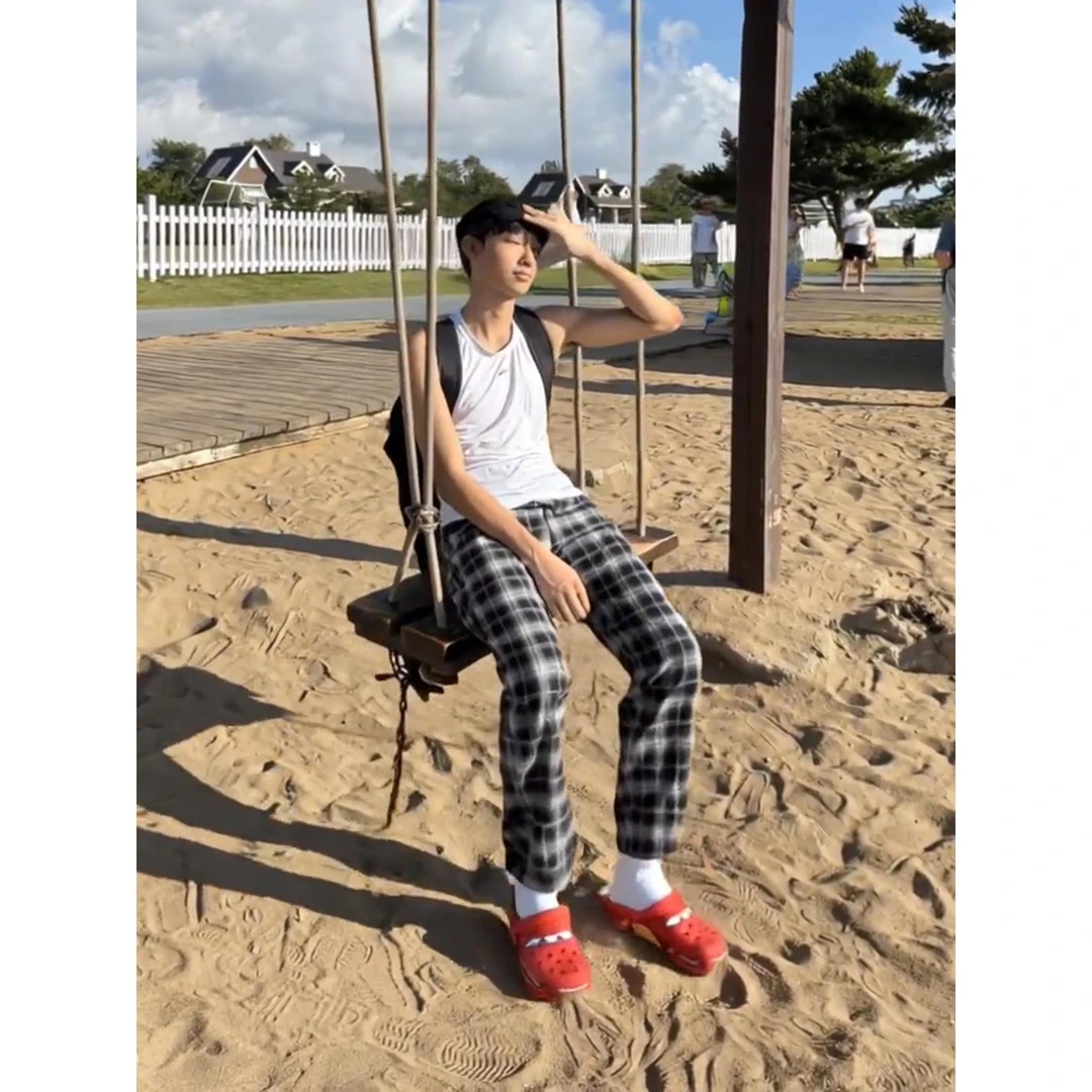 美式宽松大码垂感格子裤男款直筒显瘦弯刀卫裤高个子加长版休闲裤