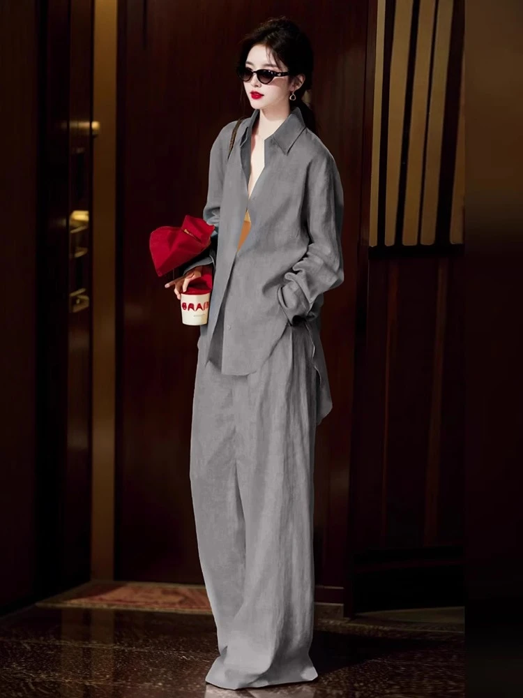 2025年夏季老钱风松驰感宽松显瘦灰色长袖亚麻衬衫长裤两件套装女