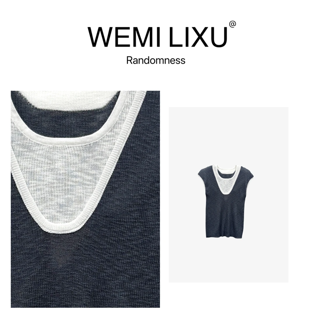WEMI LIXU“夏天的风”时尚清凉百搭拼色假两件针织背心上衣1113