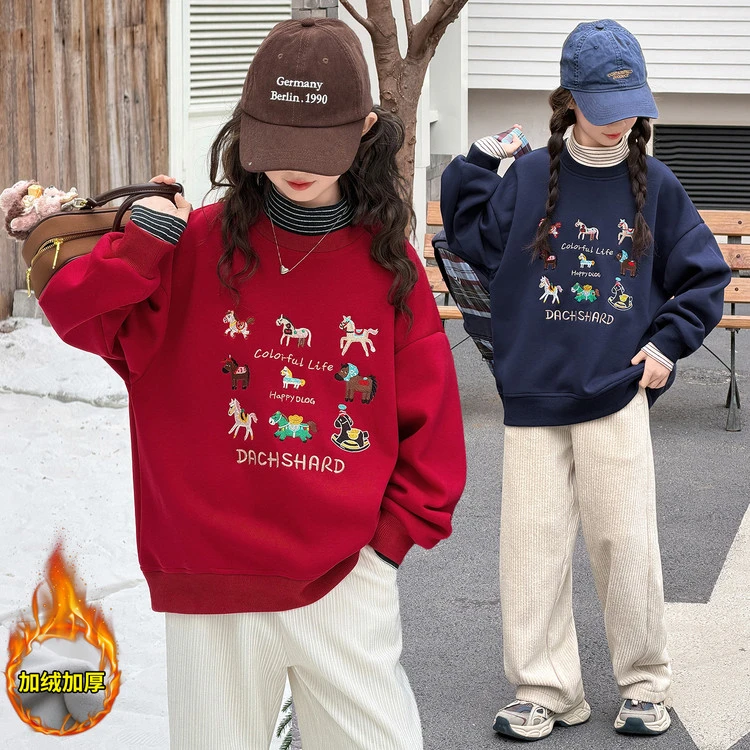 女童加绒卫衣秋冬季新款高领一体绒打底衫小女孩加厚儿童过年衣服