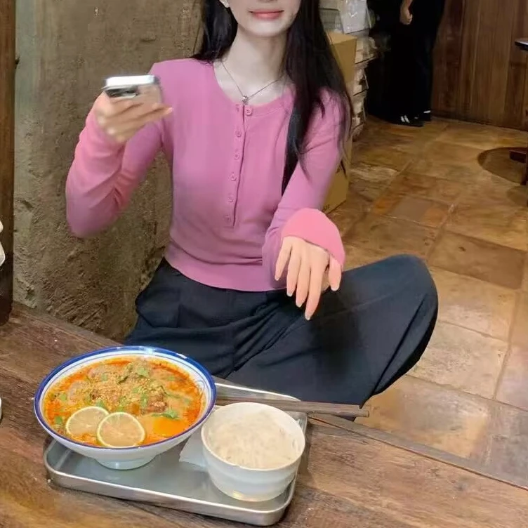 切糕自制小个子早秋新款女长袖T恤针织衫打底衫粉色内搭上衣