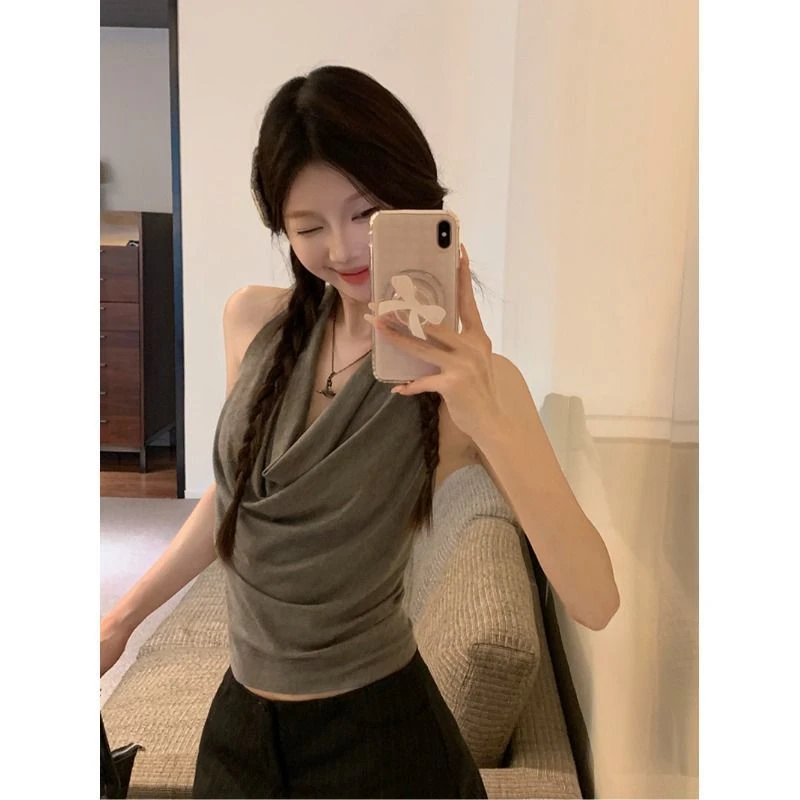 韩版荡领挂脖吊带背心女夏季2025新款无袖修身显瘦露背套头上衣潮