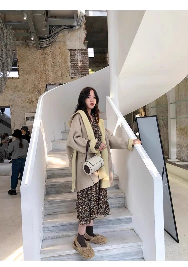 2025秋冬新款Ab两面穿韩版宽松短款连帽腰带款秋冬羊毛大衣外套