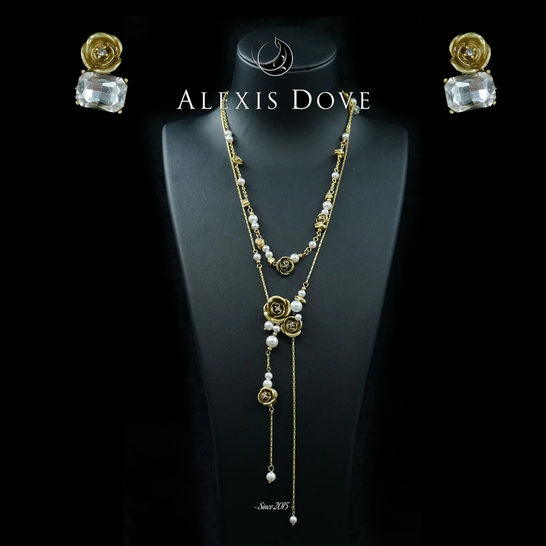 铜合金合成锆石项链 复古小众玫瑰花园套装