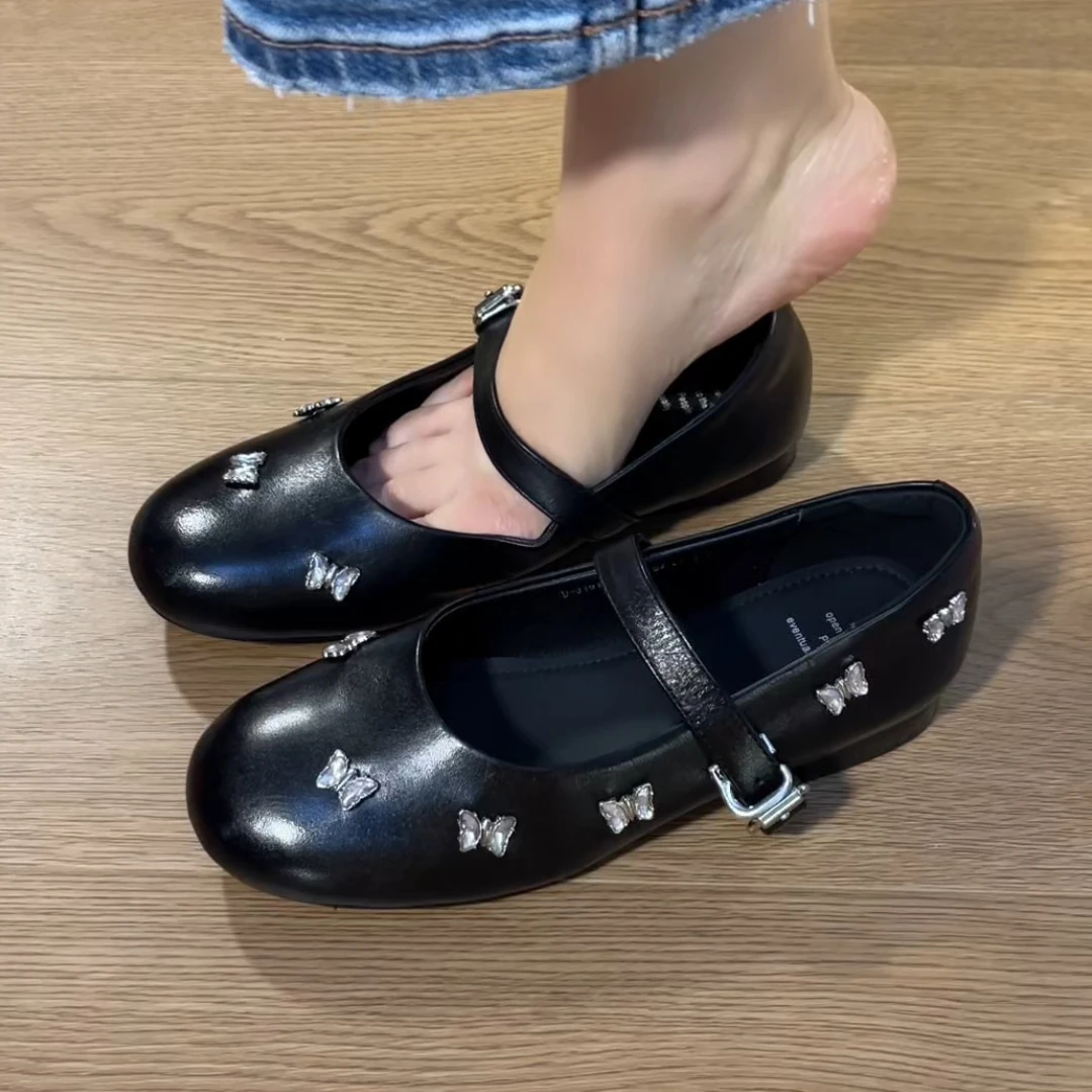 单鞋2025年新款精致水钻蝴蝶百搭气质低跟简约全皮软底玛丽珍单鞋