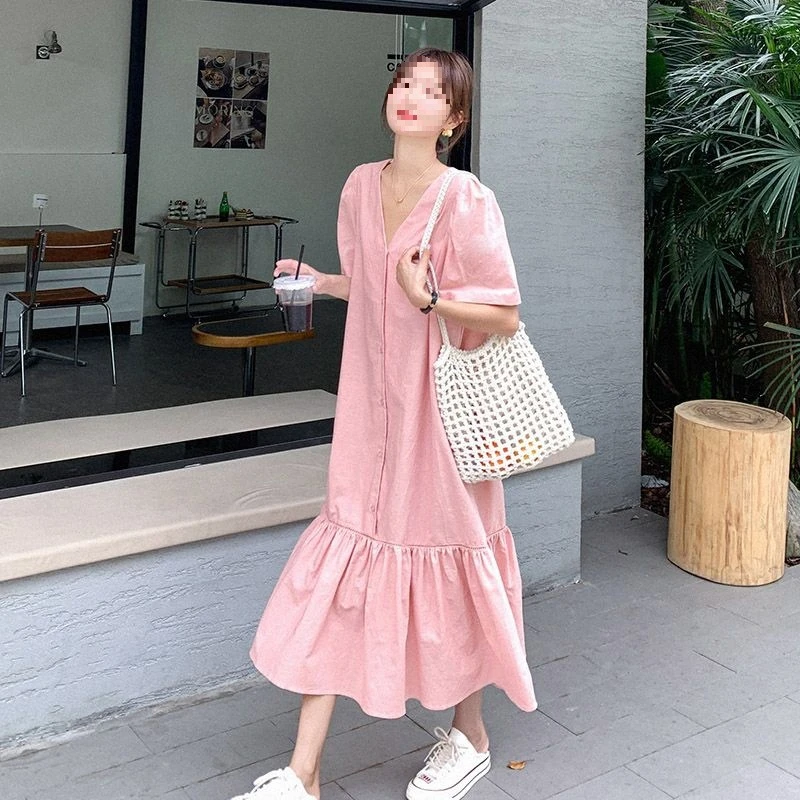 森系v领粉色连衣裙女2024夏季新款韩系温柔风宽松遮肉显瘦鱼尾裙