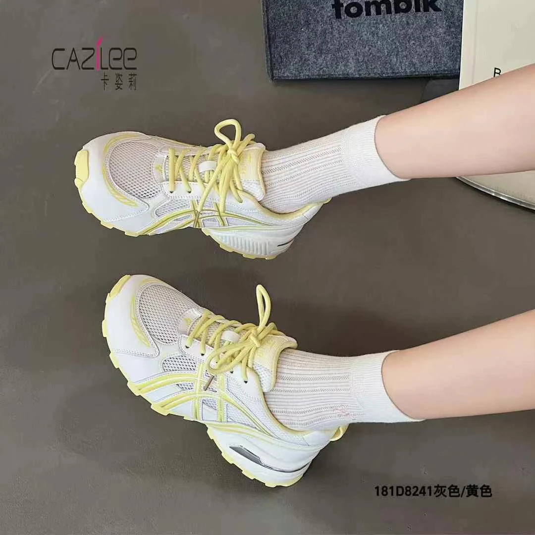 2025夏季真皮厚底网面透气老爹鞋轻便休闲小白鞋女阿甘鞋