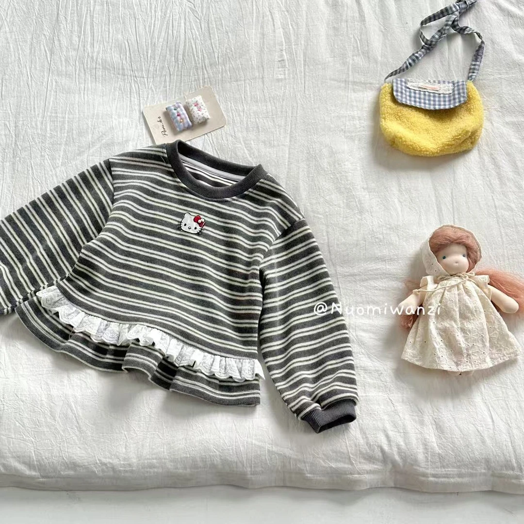 丸子十【现货】【甜妹本妹】收腰KT条纹花边甜妹上衣（秋款）WZJ-25612