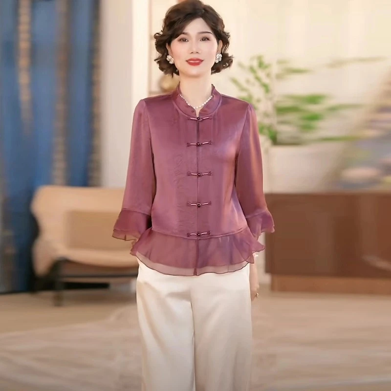 中年妈妈春装新中式国风套装2025新款洋气上衣服中老年女装两件套