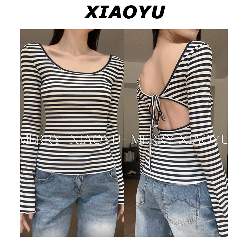 【小鱼】小众条纹镂空绑带设计感长袖T恤女时尚显瘦气质上衣百搭