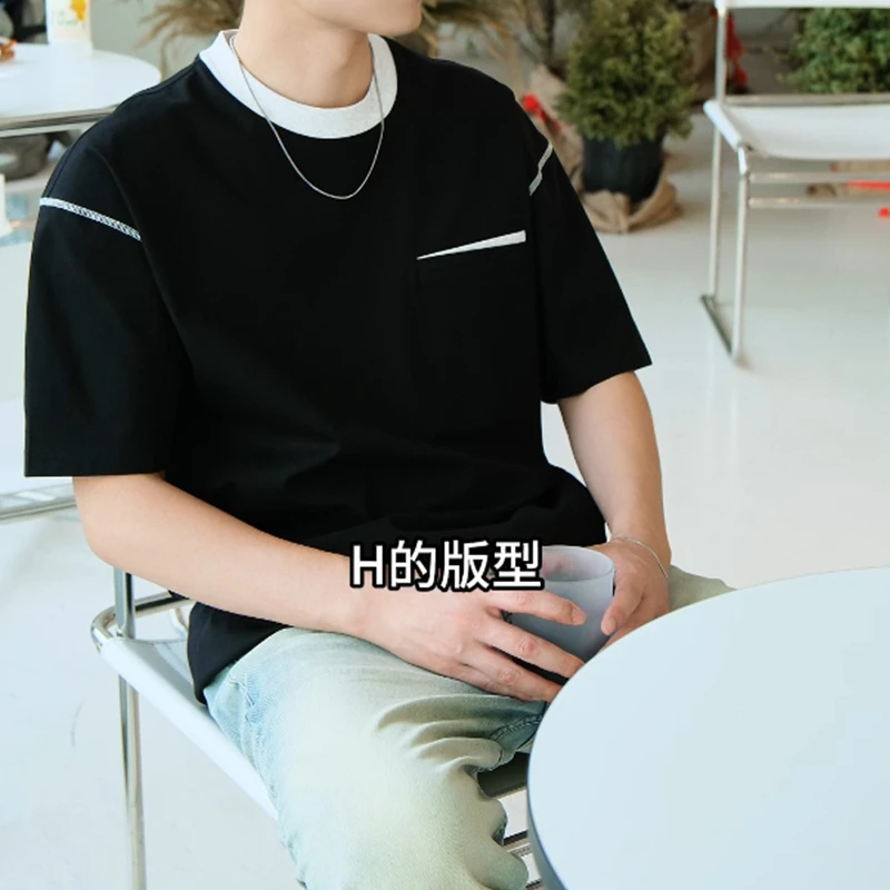 2025夏季新款拼色口袋短袖体恤简约时尚百搭高级男装休闲圆领t恤