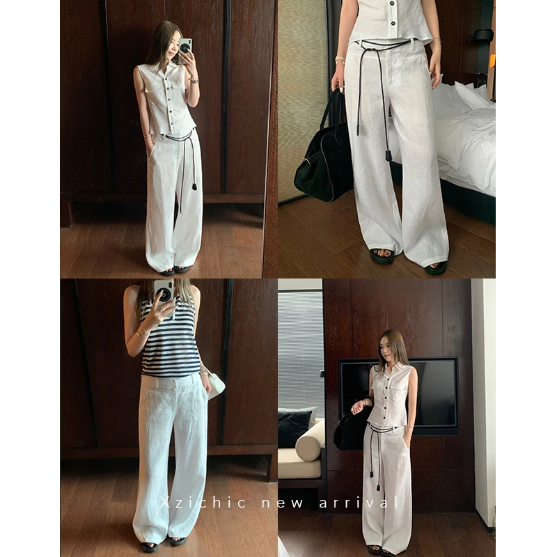 Xzichic 淡人穿搭100亚麻长裤2025夏季阔腿休闲裤女松弛百搭裤子