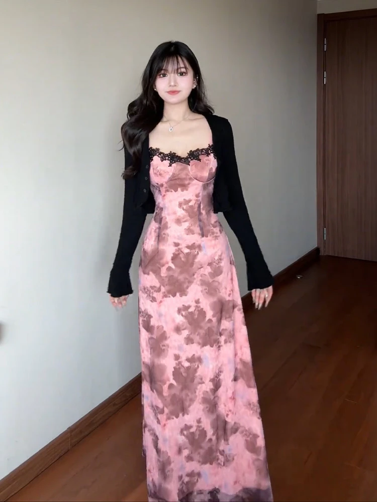 纯欲风蕾丝拼接扎染吊带连衣裙套装女夏薄款防晒开衫甜辣收腰长裙