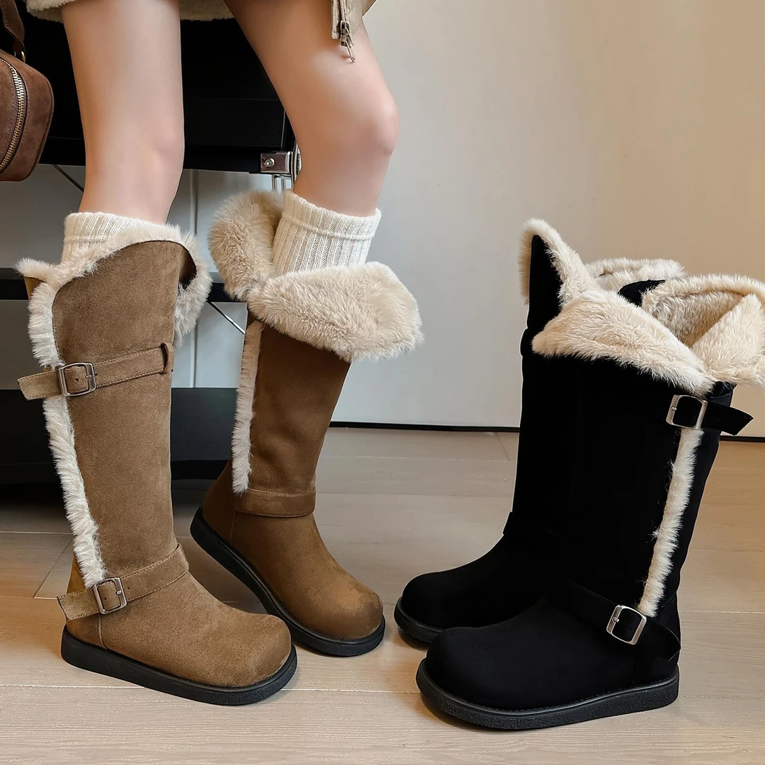 雪地靴女防水防滑高筒长靴2025新款冬季皮带扣加绒加厚毛毛鞋鞋