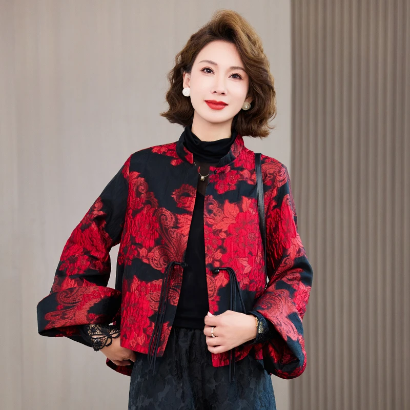 奢华立体浮雕提花短外套女2025春季新款长袖宽松上衣新中式妈妈装